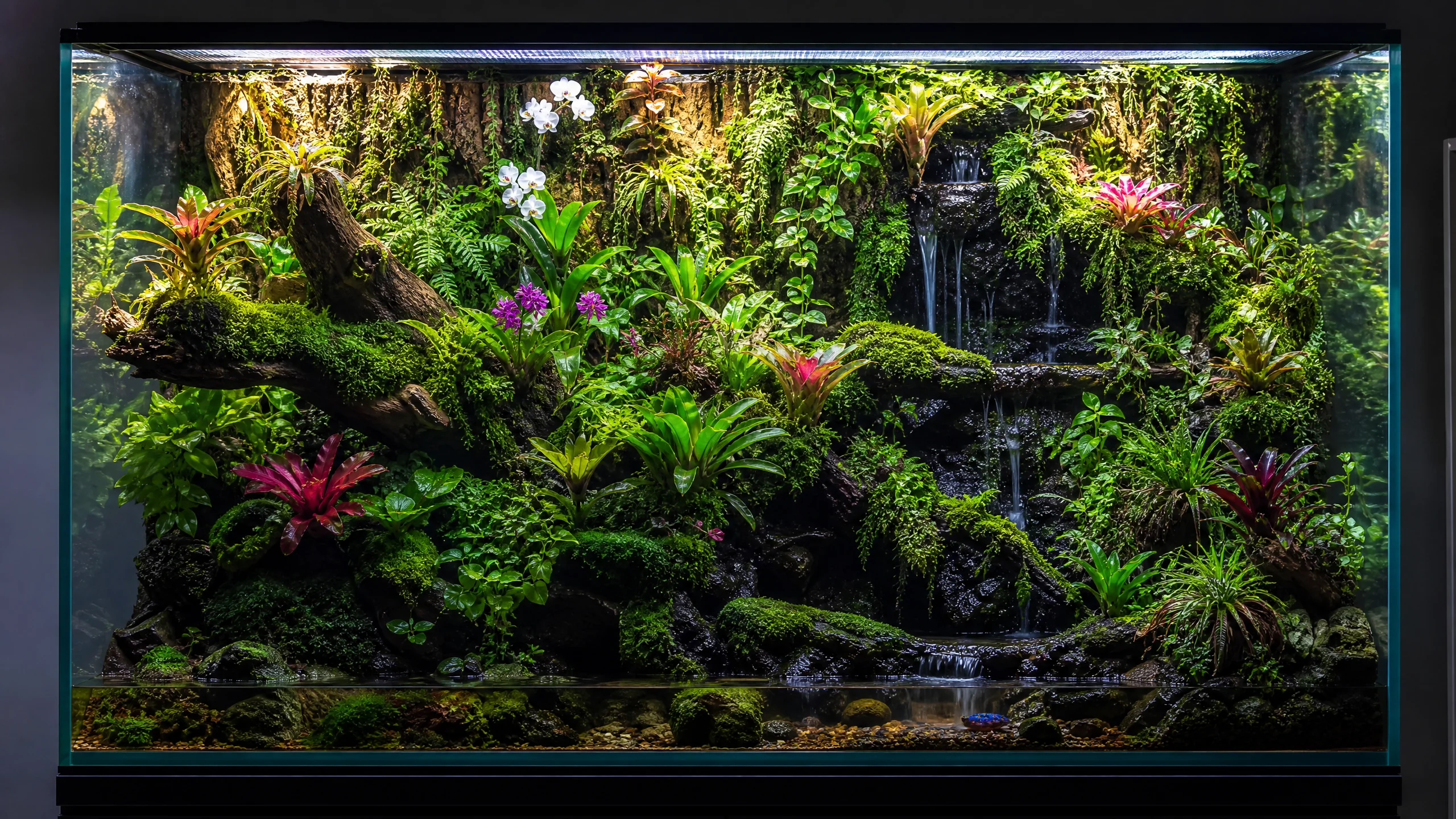 大型热带雨林生态缸造﻿景作品展示瀑布与热带‌植物